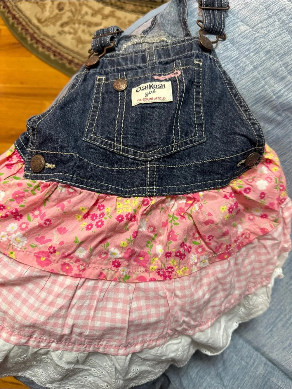 OshKosh B'gosh Dark Denim and Pink Floral Ruffle Overall Dress